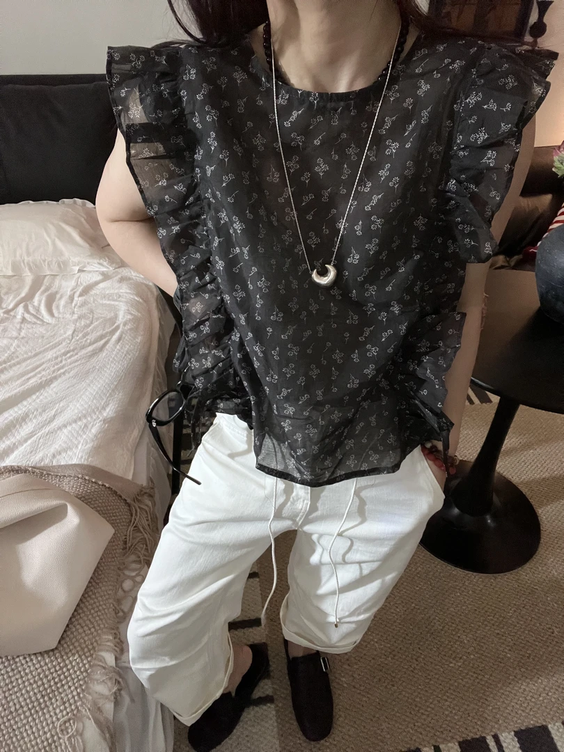 【Miss 程】东大门木耳边系带套头无袖衬衫