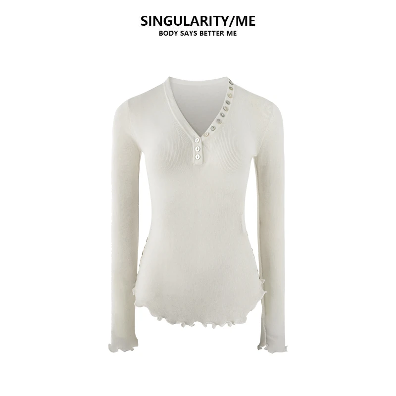 Singularity Me 10A 01013 花边单排扣开襟弹力针织衫打底衫上衣