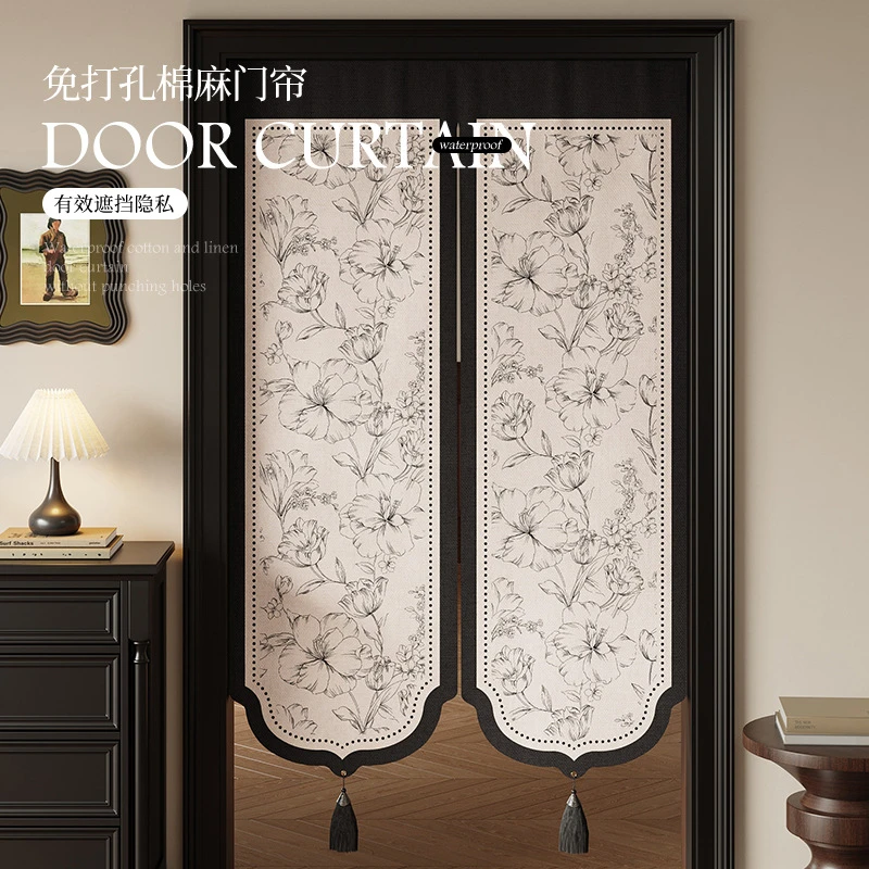 法式卧室客厅门帘仿亚麻免打孔卫生间遮挡布帘厨房隔断遮光门帘