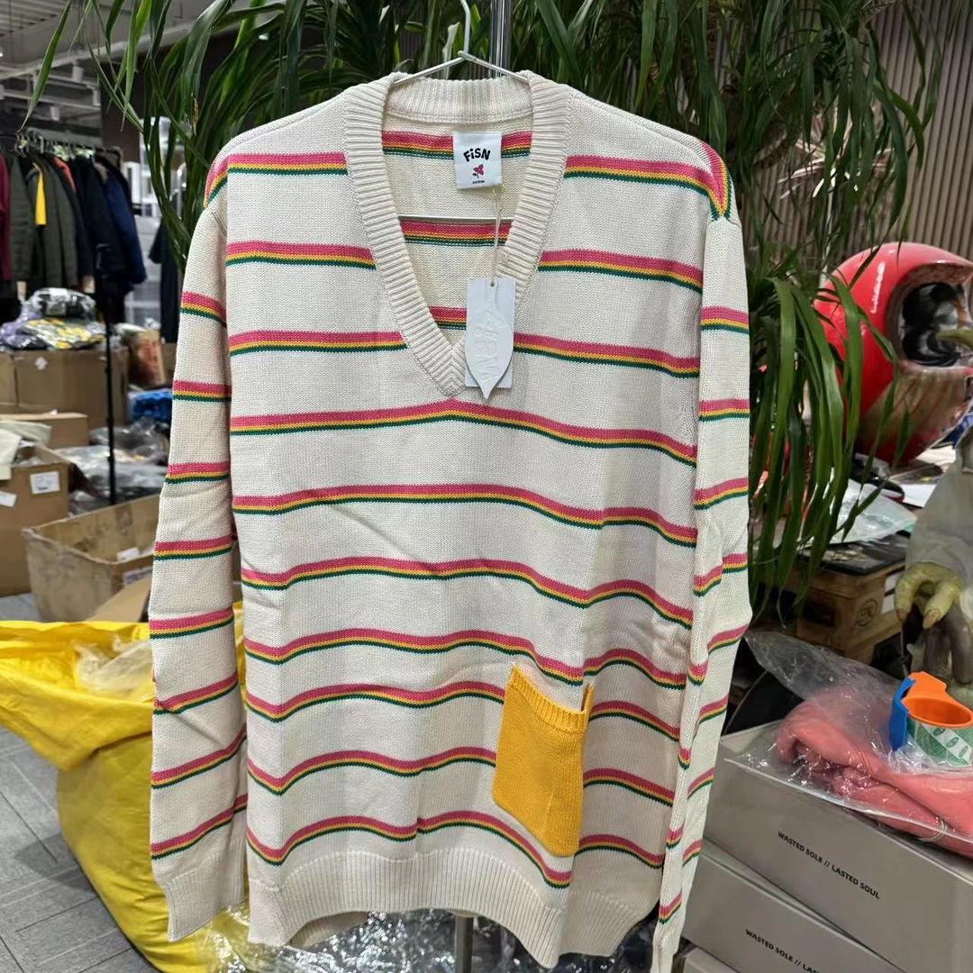 FISN 6.0条纹毛衣 米白粉色拼色 超重磅