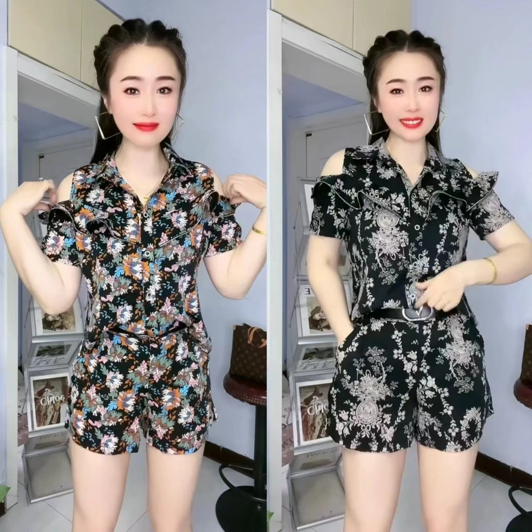 夏季新款碎花半连体衬衫露肩上衣搭短裤时尚套装