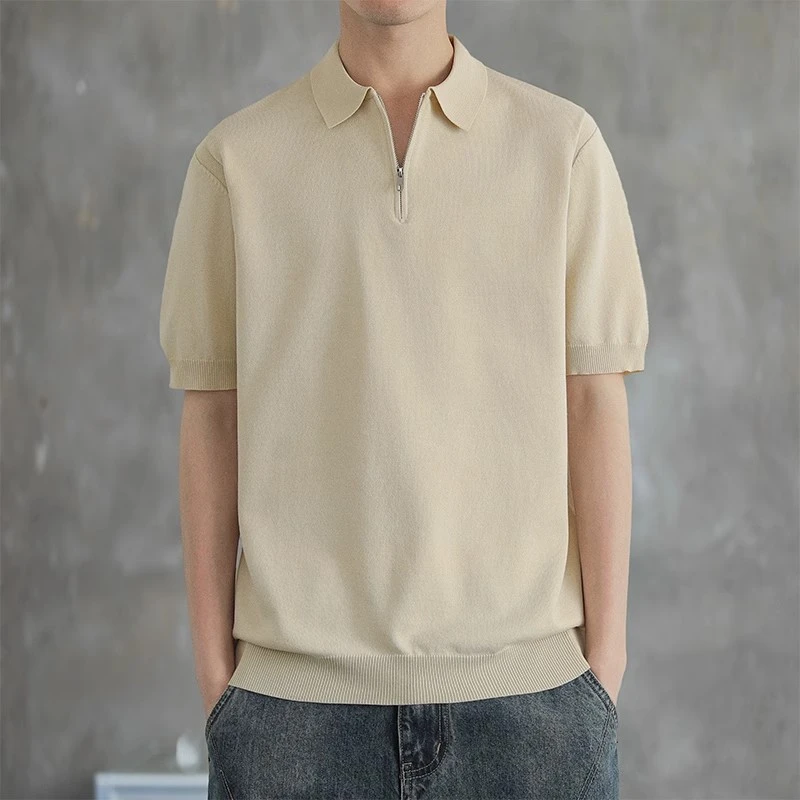 夏季简约百搭男针织短袖恤休闲半拉链翻领上衣高级感男士无标polo