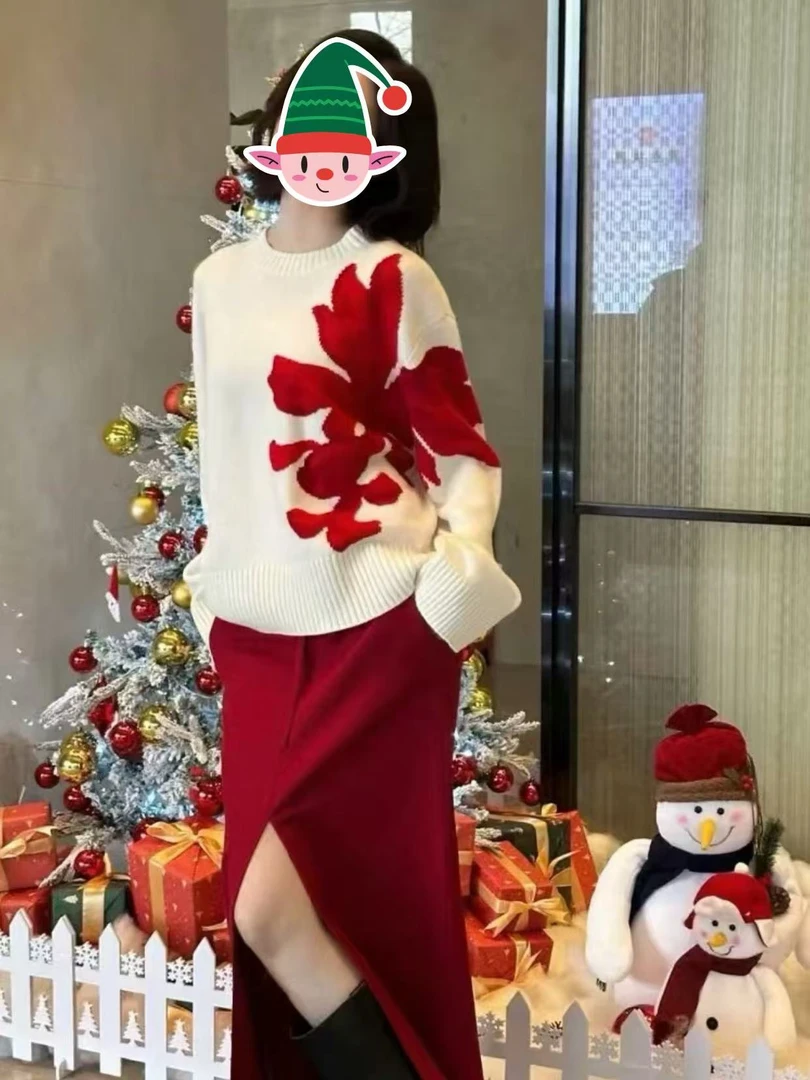 重工立体花朵毛衣女加厚冬季新款宽松套头针织衫上衣圆领长袖6608