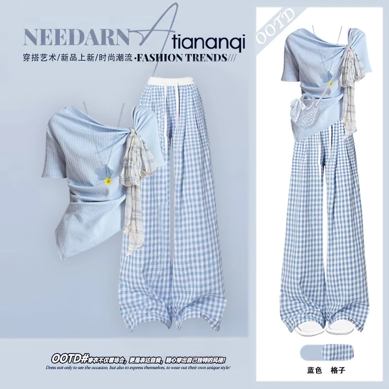 夏季穿搭一整套女2025新款韩系减龄斜肩上衣高腰显瘦格子裤两件套