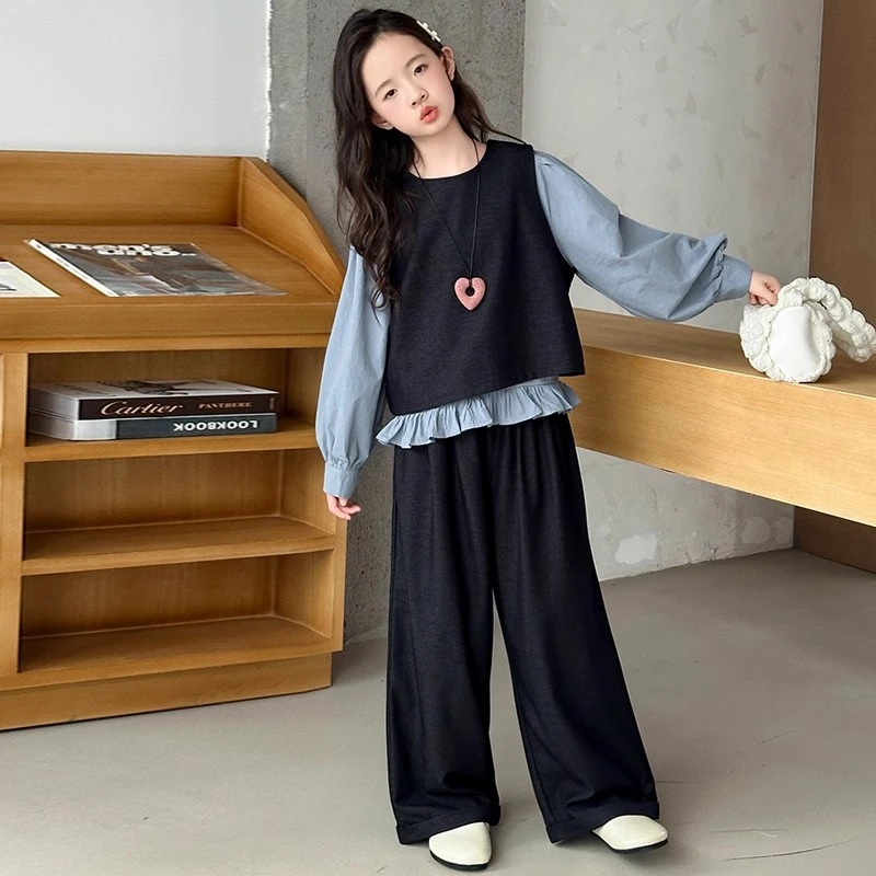 女童韩系套装穿搭春装款2025新款女孩大童超好看马甲阔腿裤三件套