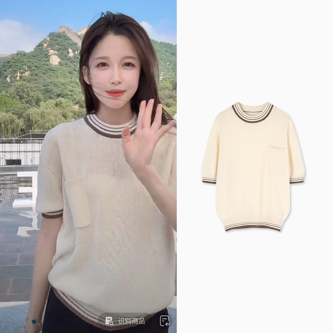 Z.blues【高颜值原生美】老钱风套头短袖条纹配三角毛衣YZGZ175