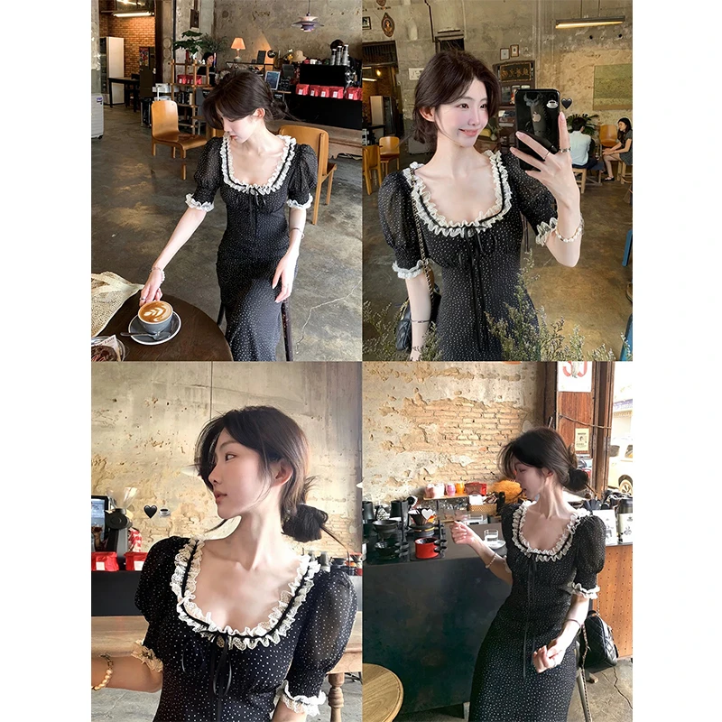 【mimius】婷婷 法式复古波点蕾丝拼接方领连衣裙 G04011