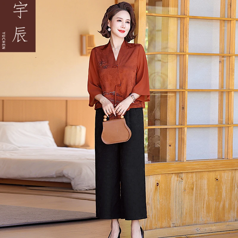 妈妈装夏季国风中袖短款刺绣盘扣流苏t恤阔腿裤中老年洋气妈妈装