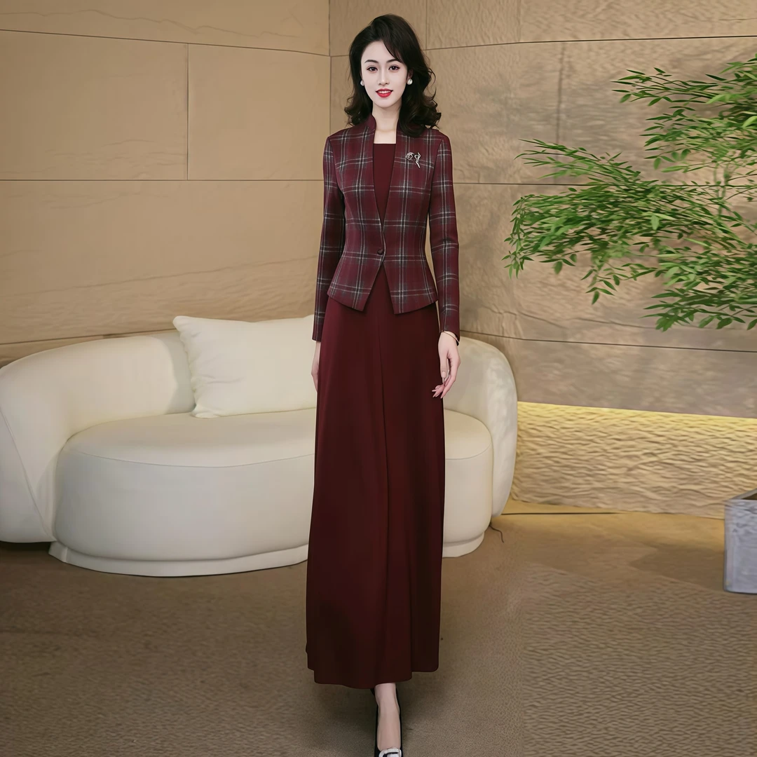 格子加厚秋冬连衣裙女款爆款2025新款显瘦气质假两件毛呢长裙3065