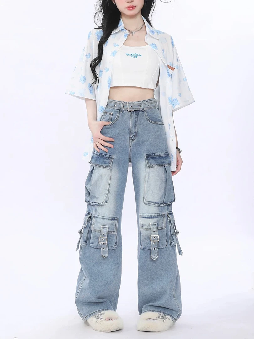 【有瑕疵 介意勿拍】多口袋工装牛仔裤女