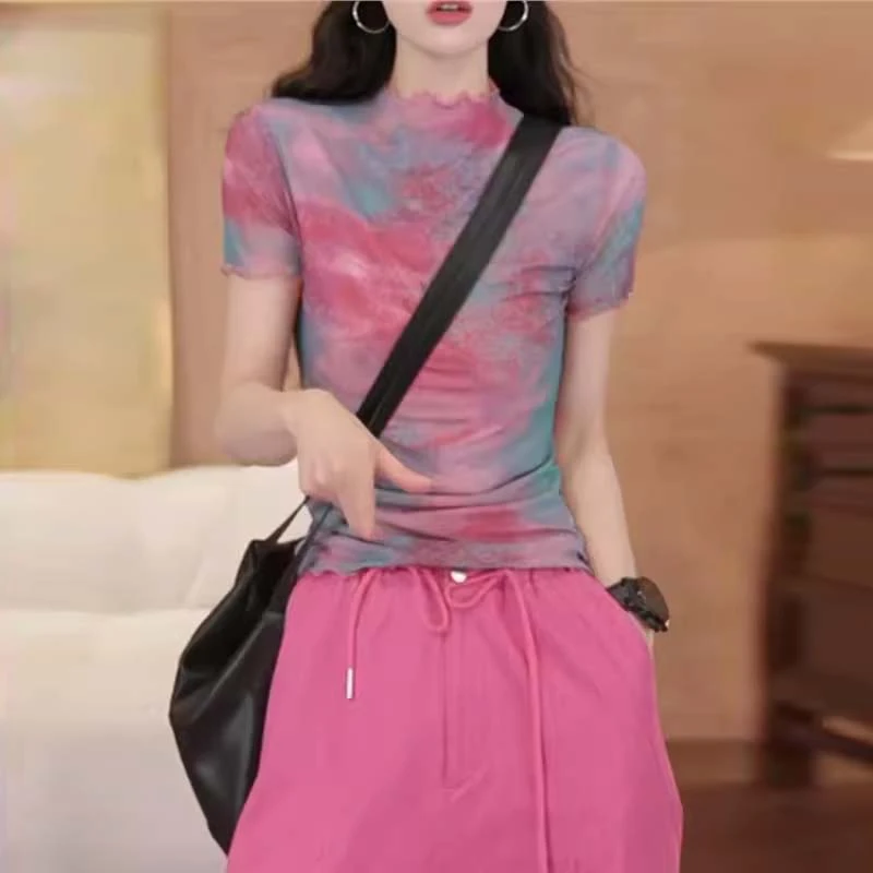 设计感扎染网纱短袖t恤女2025新款夏季时尚洋气修身独特别致上衣