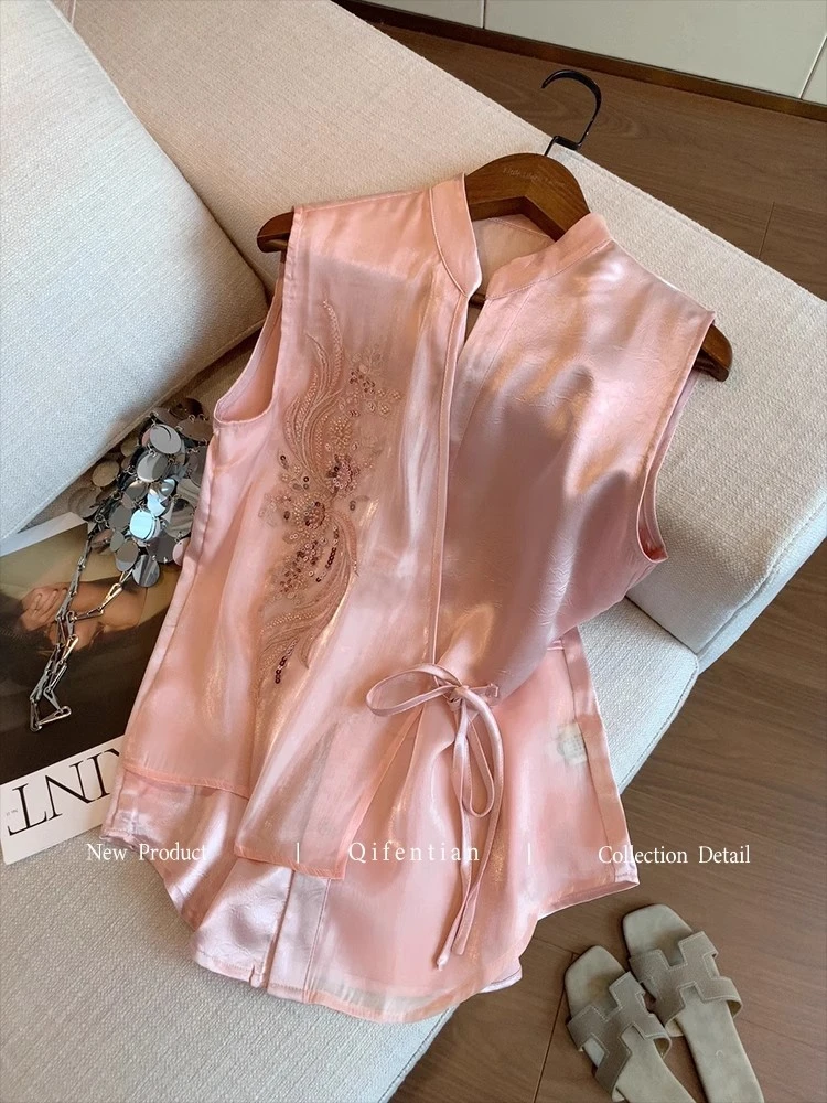 新中式刺绣绑带无袖衬衫上衣女夏新款国风气质醋酸缎面千金风背心