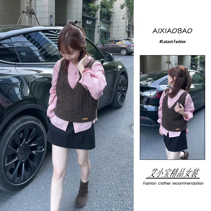 秋季2025年新款女装韩系穿搭慵懒风气质百搭衬衫马甲半身裙三件套