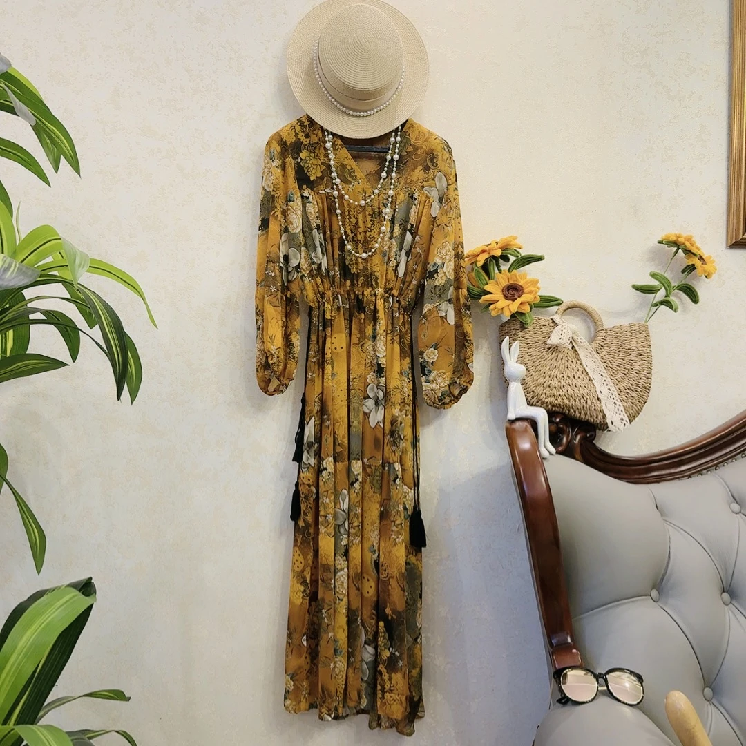 【空谷幽兰】碎花连衣裙抽绳收腰度假风时尚宽松显瘦V领气质长裙