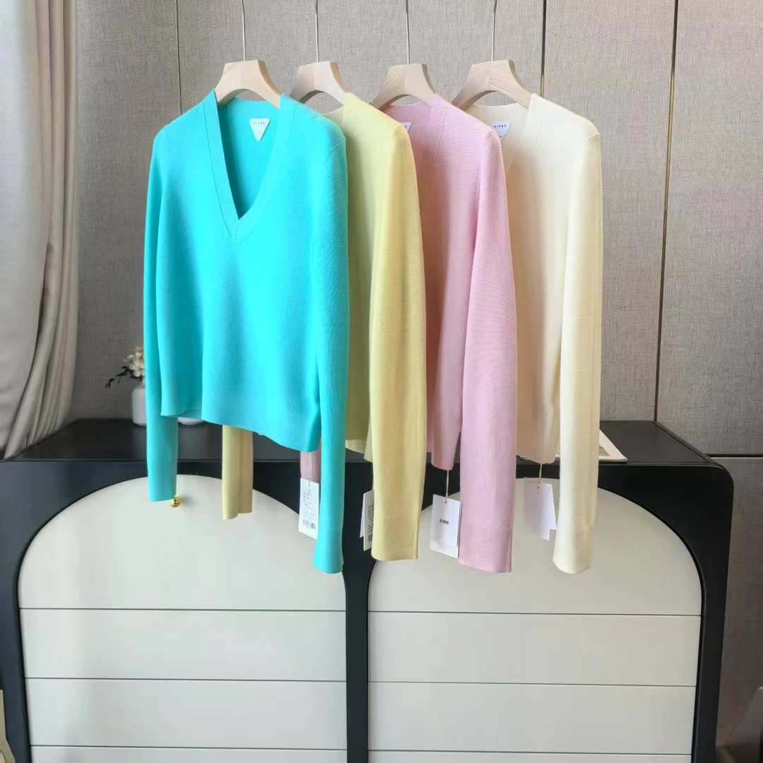 2006精致学院风16针元宝针V领精纺美丽诺羊毛套头衫羊毛打底