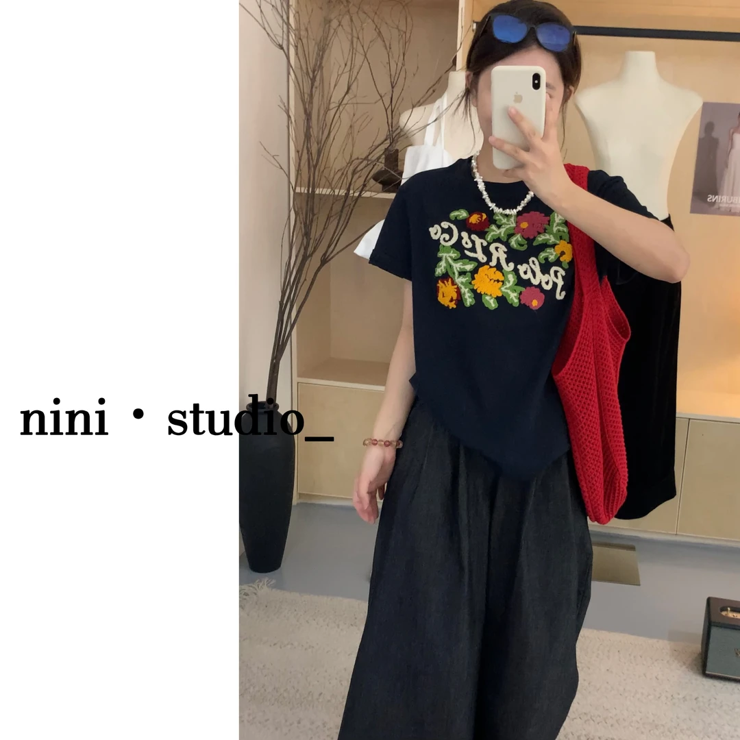 nini·浪漫花海重工刺绣工艺韩系ins风短袖T恤