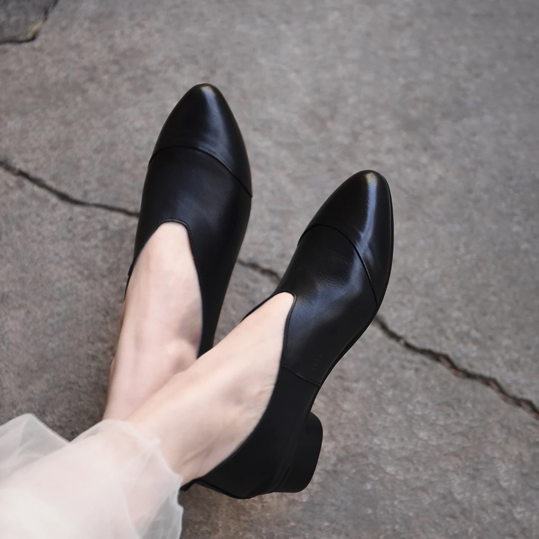 Artmu阿木浅口尖头单鞋女黑色通勤女鞋子奶奶鞋小皮鞋新款201-13