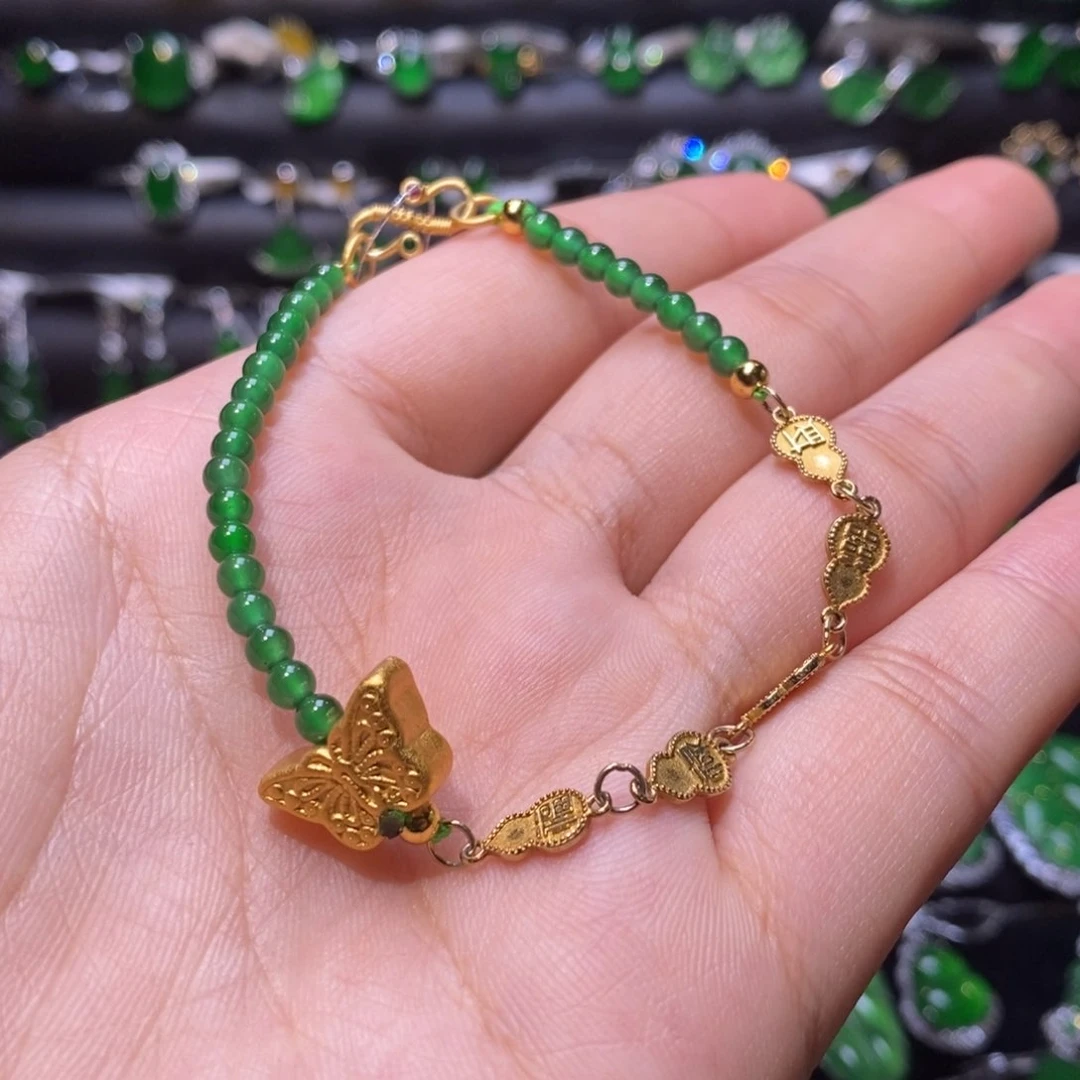 翡翠手链银S925镀金镶嵌天然翡翠
