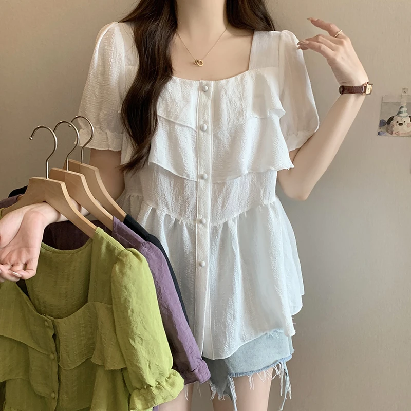 2025夏装胖妹妹大码气质遮肉方领设计感荷叶边一字肩雪纺短袖小衫