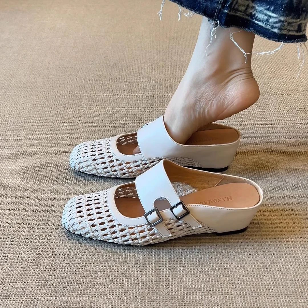 真皮！复古厚底松糕底包头凉拖鞋女2025夏季新款外穿百搭半拖鞋女