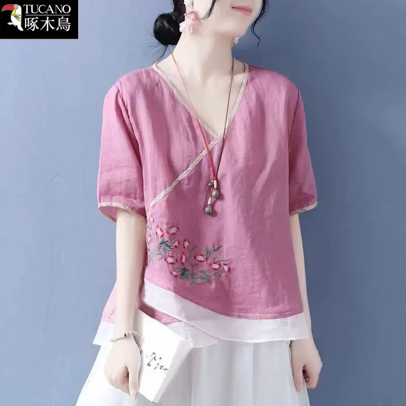 啄木鸟2025年夏季V领短袖上衣女刺绣拼色T恤包边假斜襟双国风衬衫