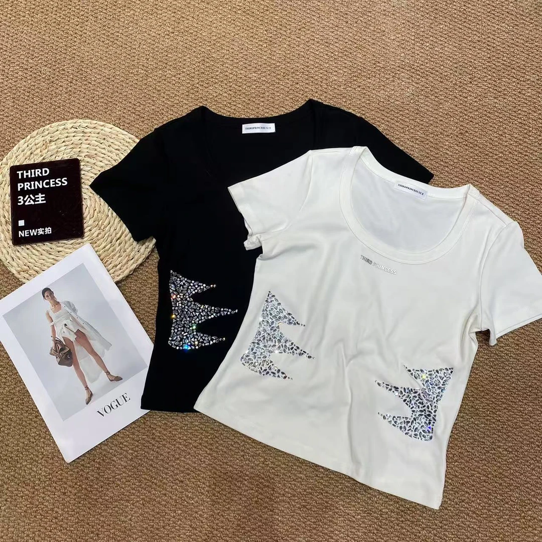 3公主ThirdPrincess 猫爪重工烫钻 南油高品上衣方领时尚短袖T恤