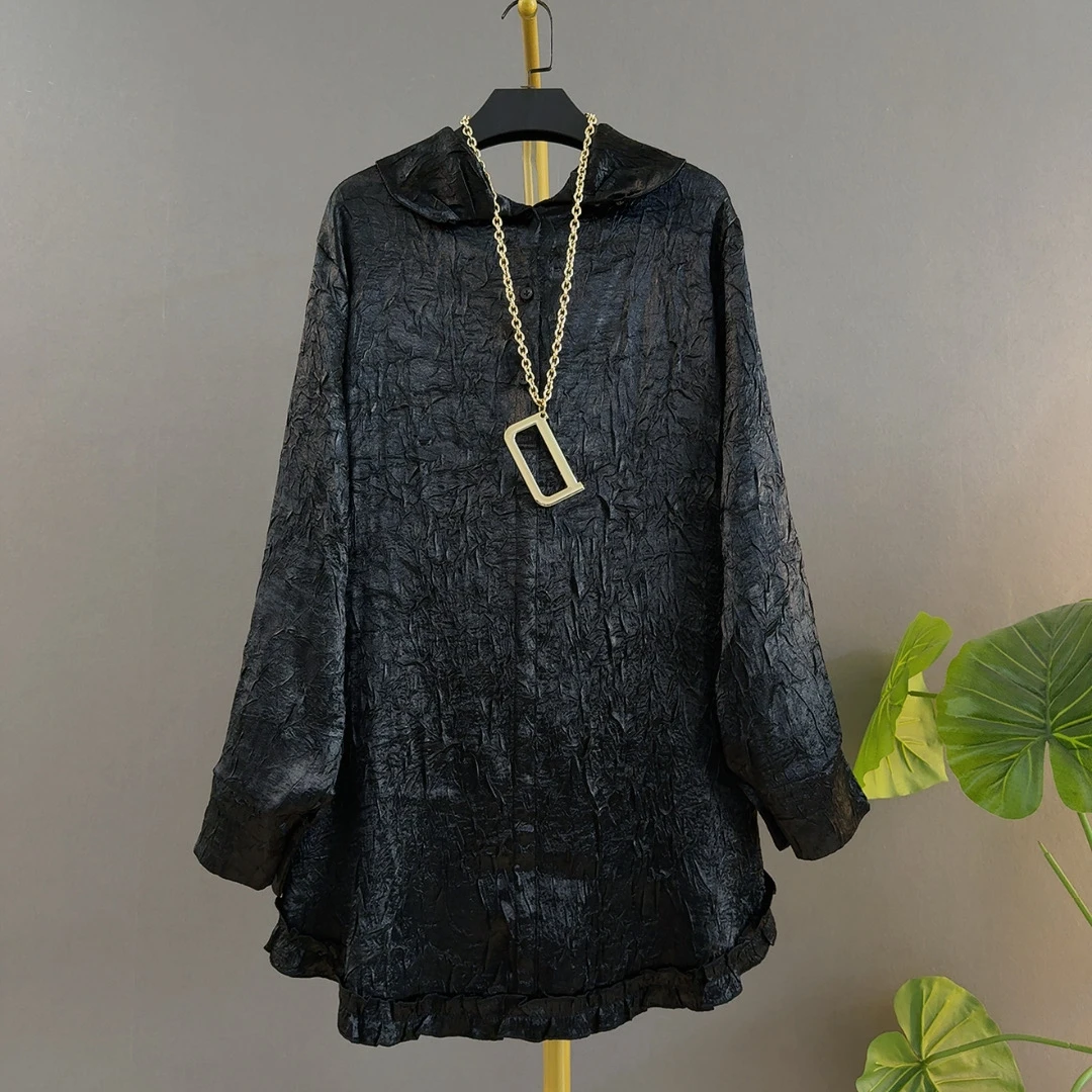 新款时尚设计感立领醋酸褶皱宽松遮肉苹果型身材中长款大码衬衫