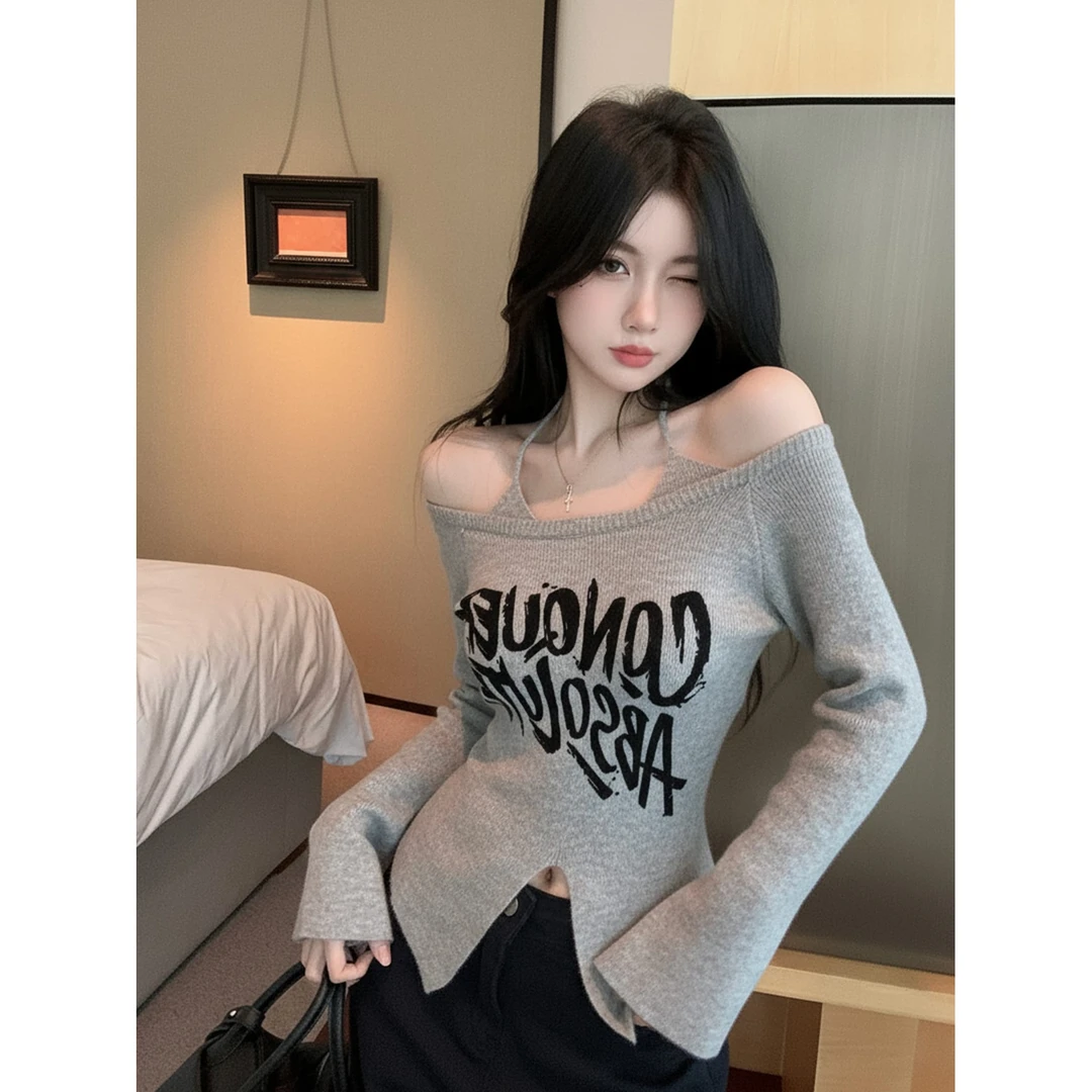 美式辣妹字母印花挂脖针织打底衫女设计感秋冬季修身开叉长袖上衣