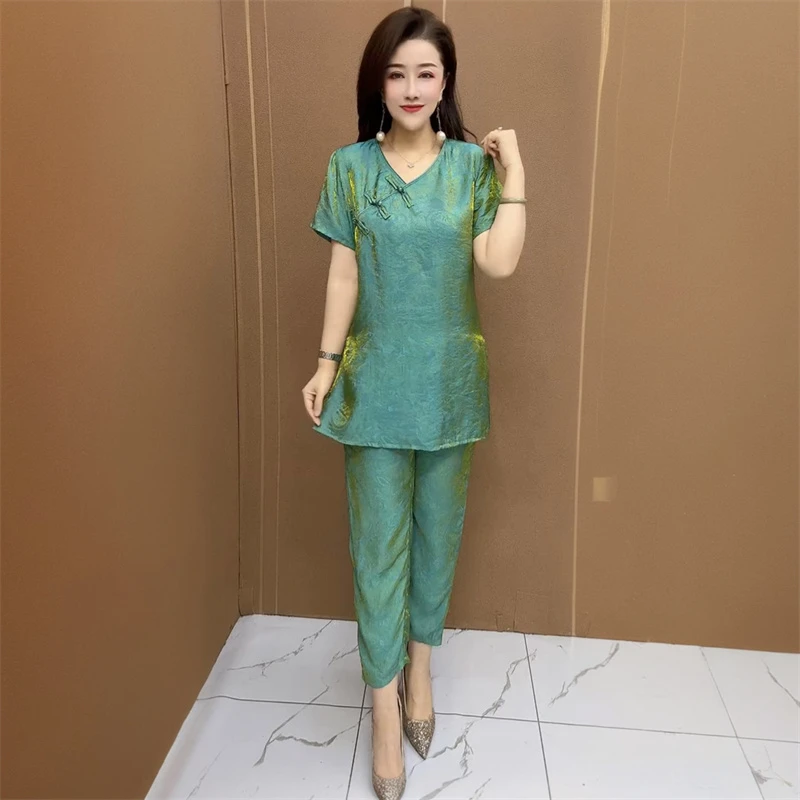 666新中式国风盘扣夏季宽松洋气中长款大版小脚裤时尚气质两件套