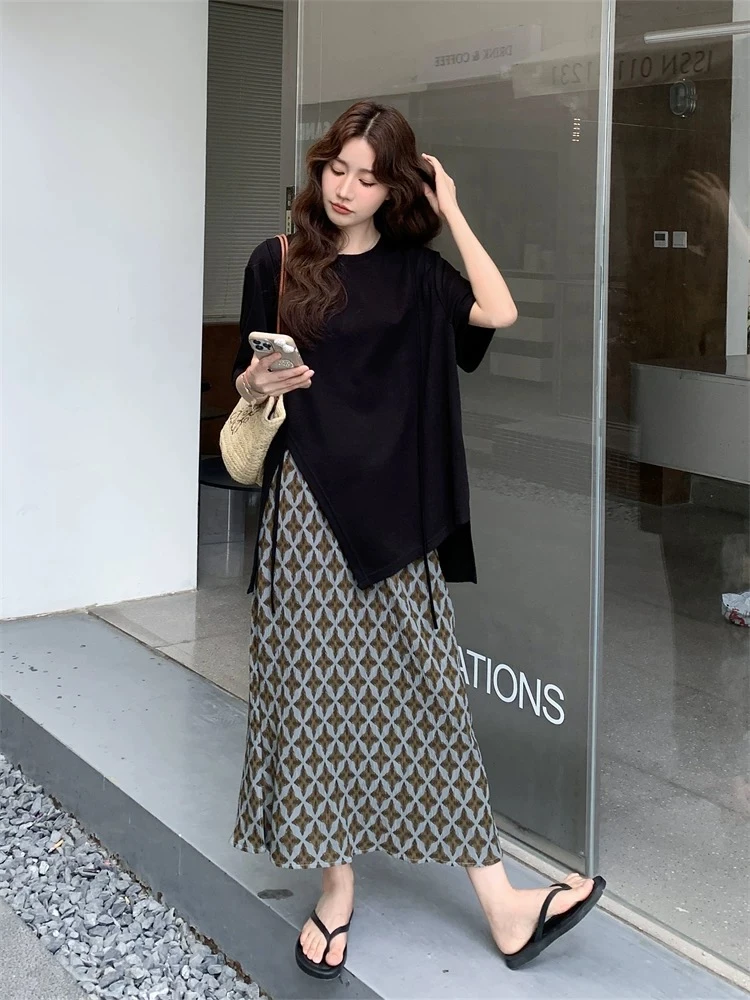 两件套黑色流苏开叉上衣显瘦t恤星星印花半身裙套装女夏2025新款