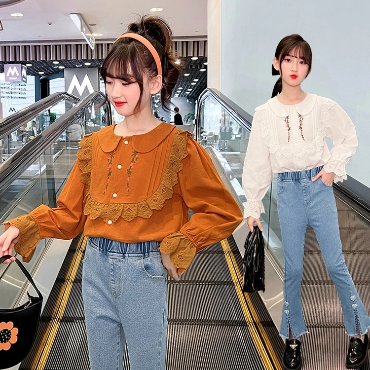 2025新款春秋季女童刺绣花边设计感衬衫时尚百搭长袖上衣洋气童装