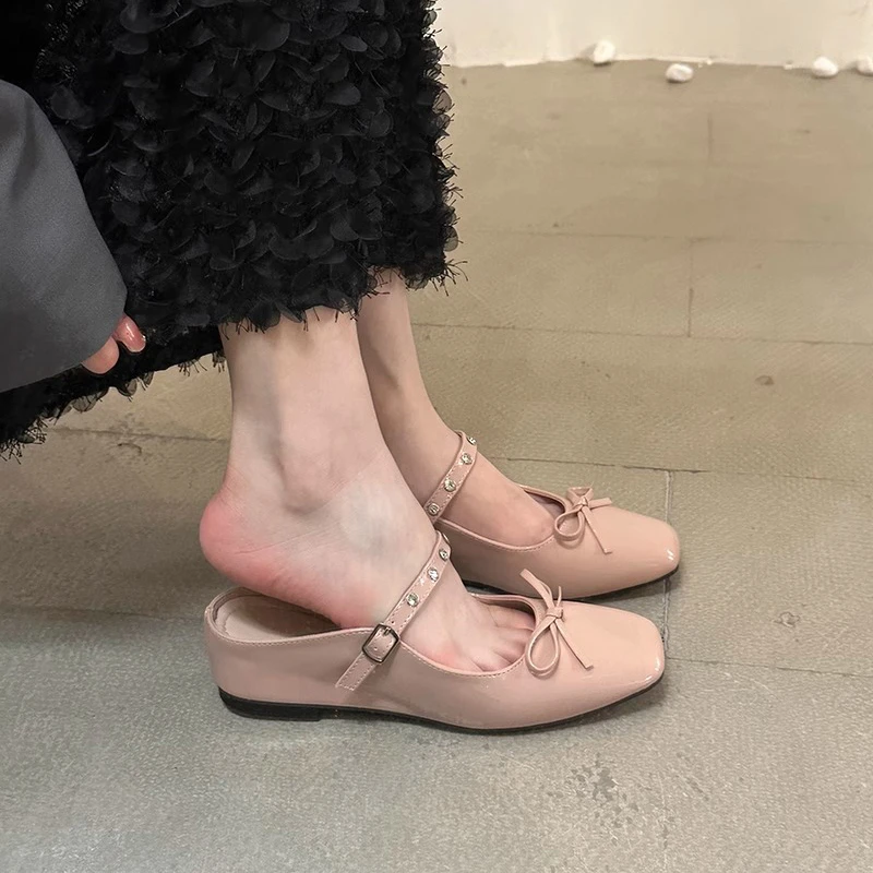 内增高4CM厚底蝴蝶结软底裸粉色包头半拖鞋女夏季外穿穆勒凉拖鞋