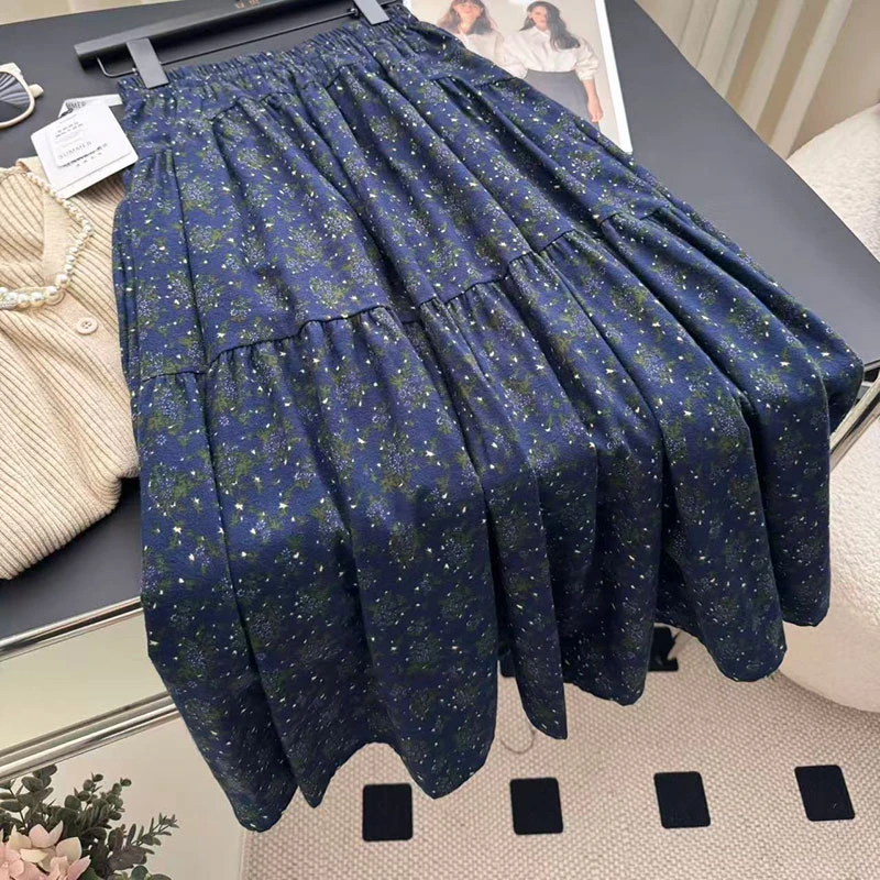 【夏央工厂店】8840-5蓝色#2025秋复古碎花半身裙女松紧腰拼接长裙