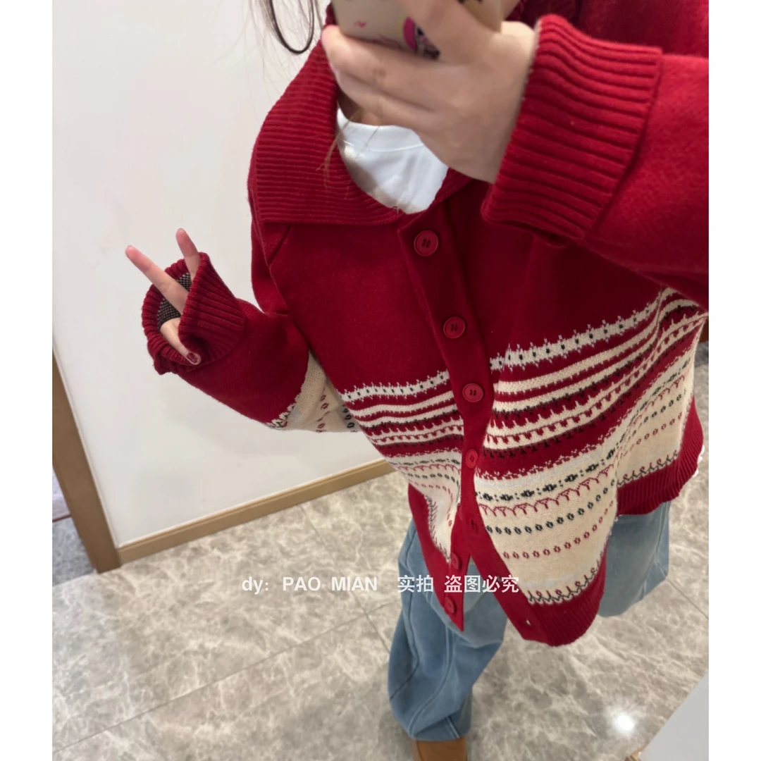 【 PAOMIAN 】格纹慵懒风百搭复古红色宽松秋冬拼色韩版撞色毛衣
