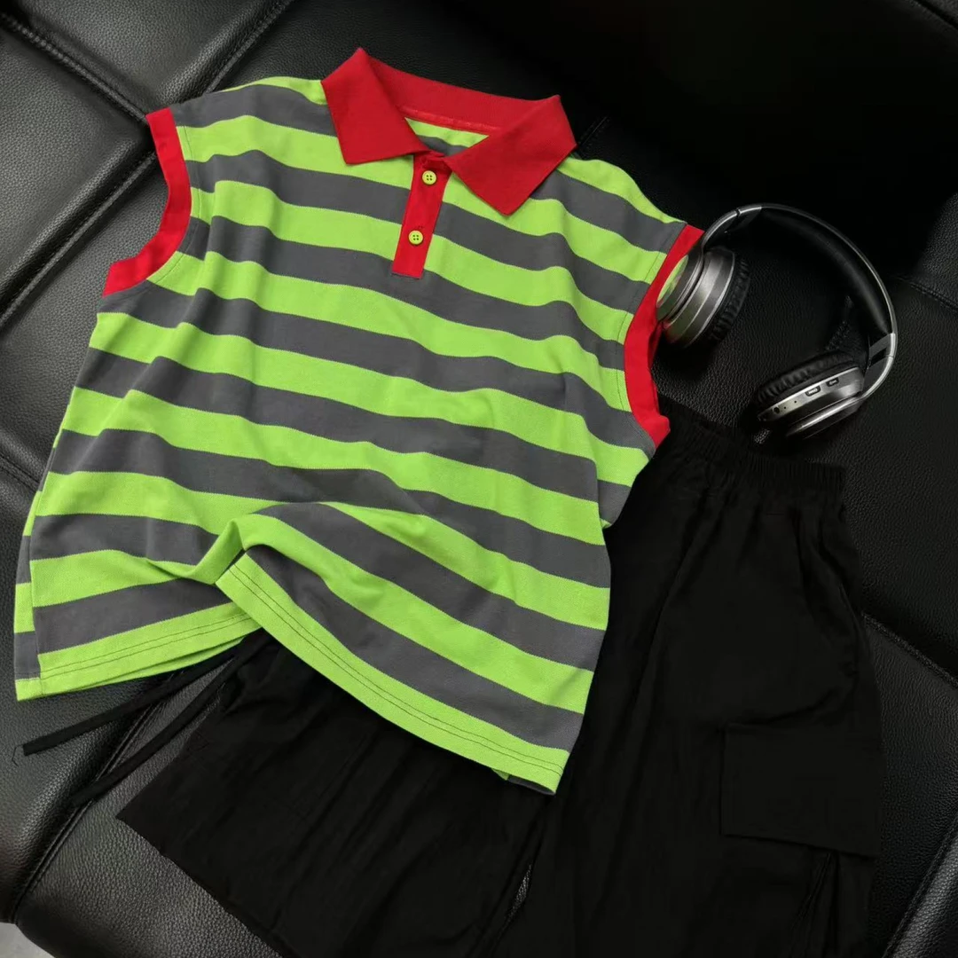 吾 2025【Y】5月17日 儿童男童女童时尚绿色条纹无袖T恤4034-