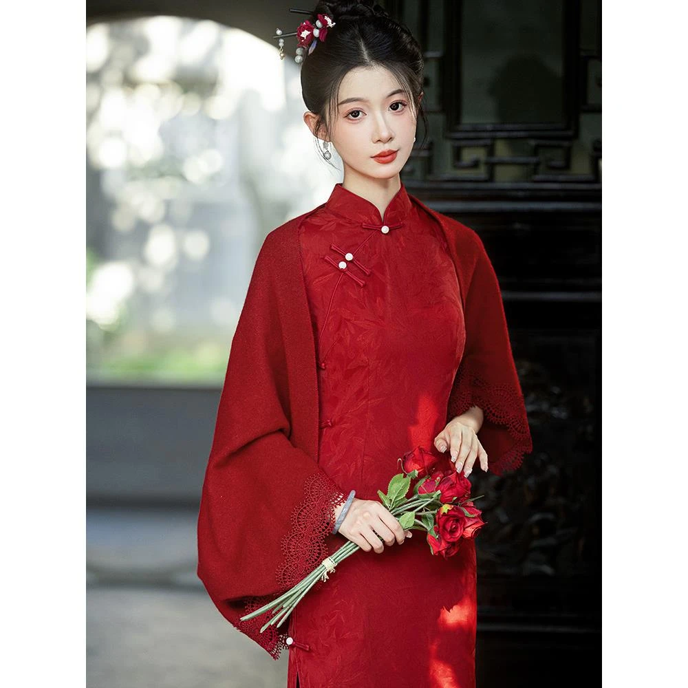 少女红色披肩敬酒服新娘旗袍外套斗篷订婚结婚礼服披风外塔保暖秋