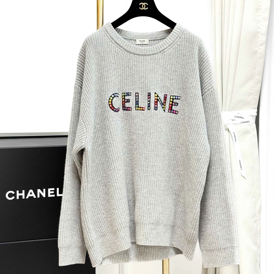 99新 Celine/思琳  M码彩色水钻字母灰色长款针织上衣