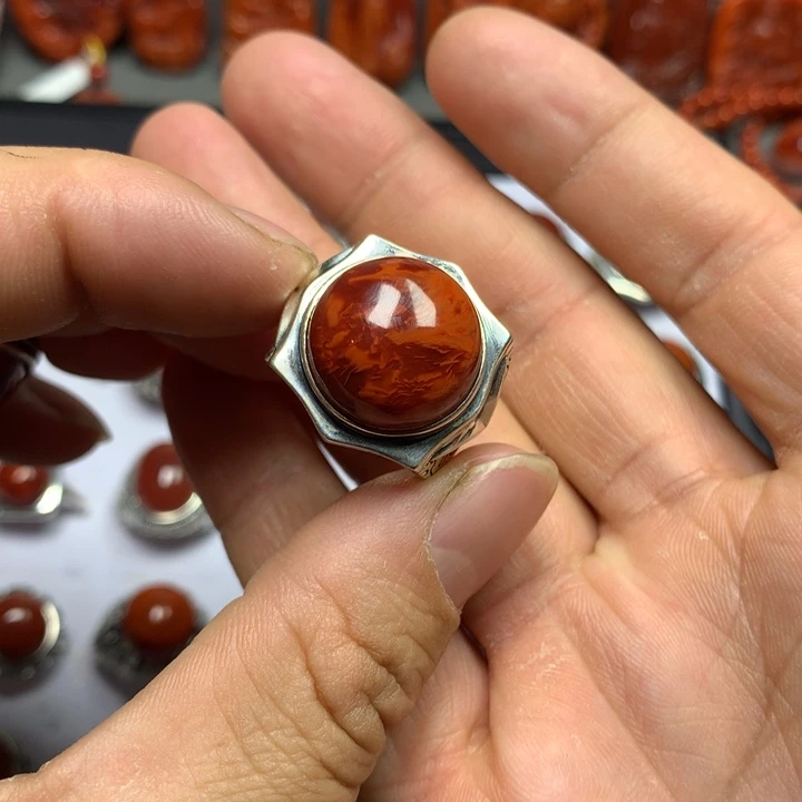 南红玛瑙戒指银S925镶嵌