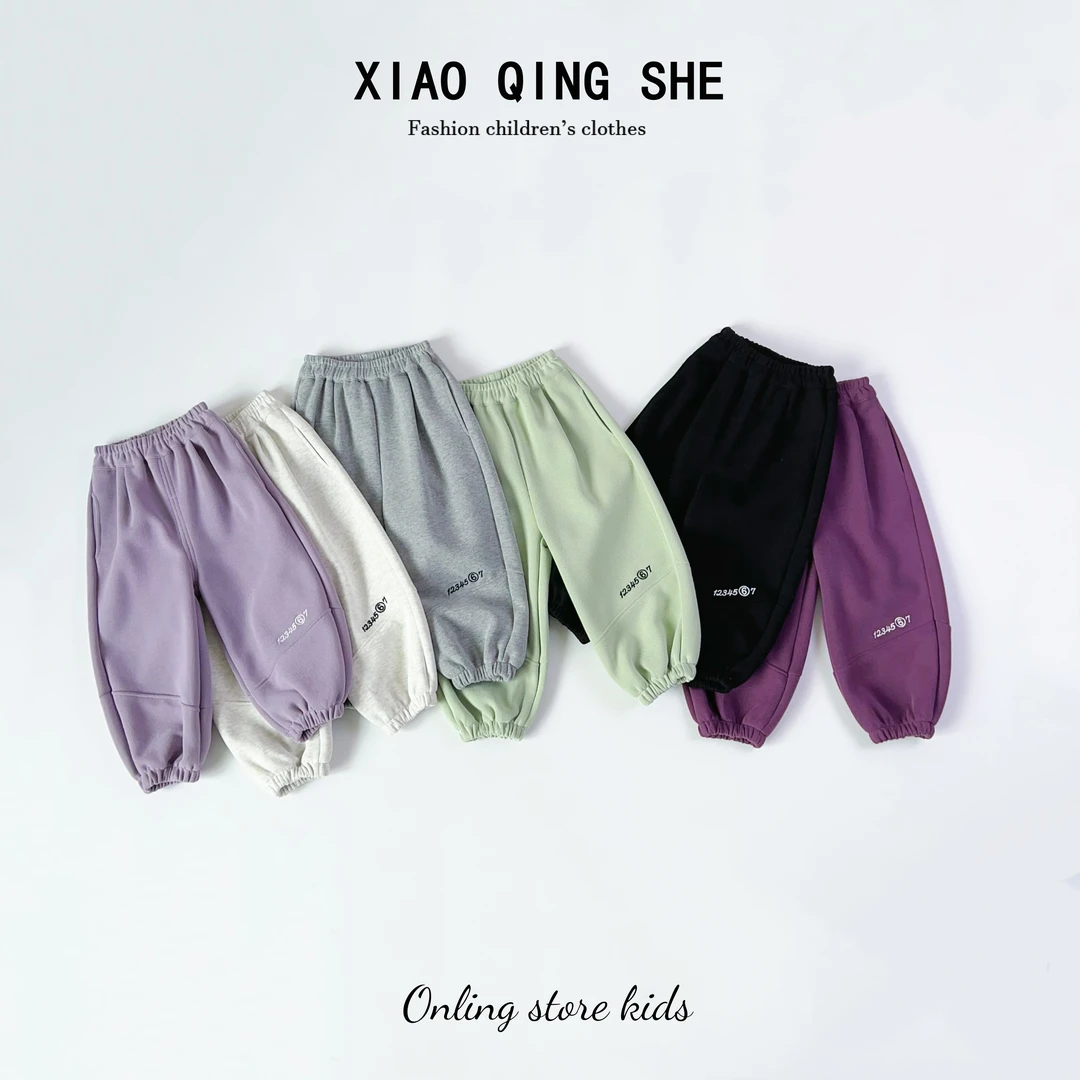 【晓倾奢现货】儿童春款百搭时尚宽松刺绣数字卫裤休闲裤2031