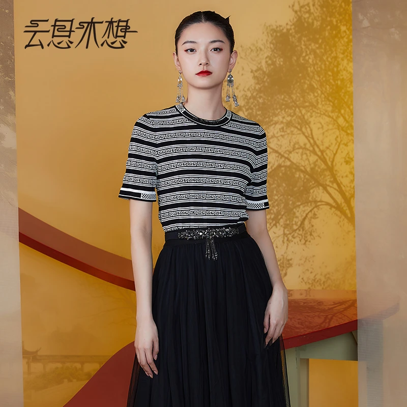 Ysimo-X云思木想新中式2024夏季新款黑白撞色条纹毛针织衫11600