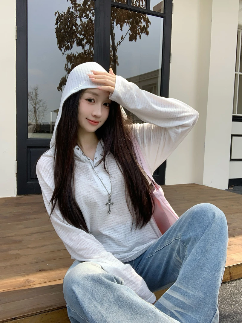 【海岛日记】宽松慵懒垂感轻薄撞色上衣女秋夏条纹大版连帽防晒长袖