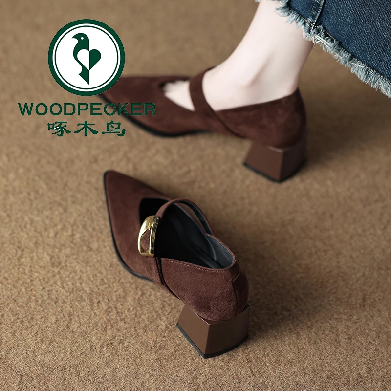 啄木鸟不累脚单鞋女2025年春秋新款玛丽珍粗跟法式尖头小高跟女鞋
