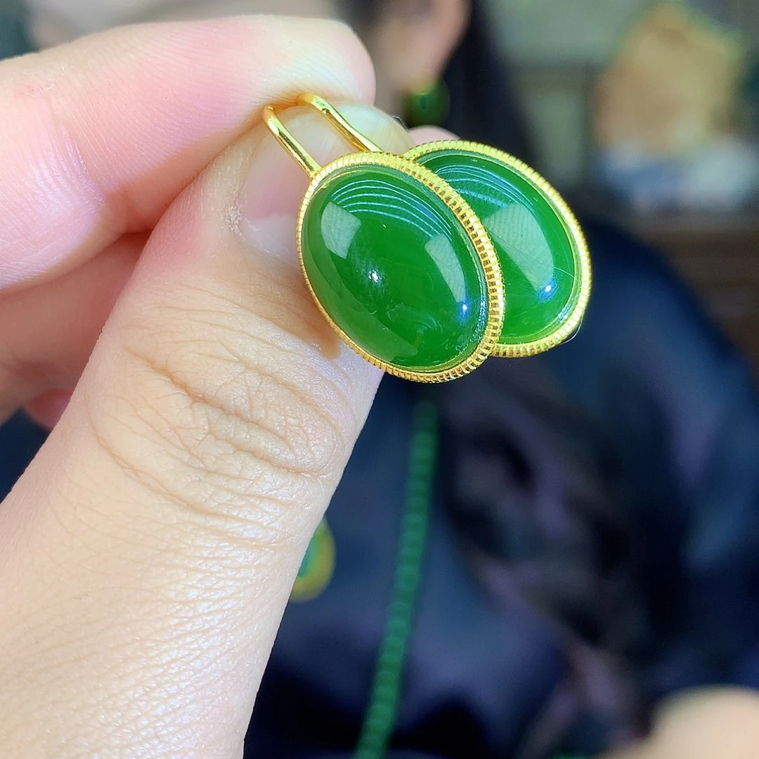 吊坠(不含链)银S925镶嵌和田玉（碧玉）耳饰