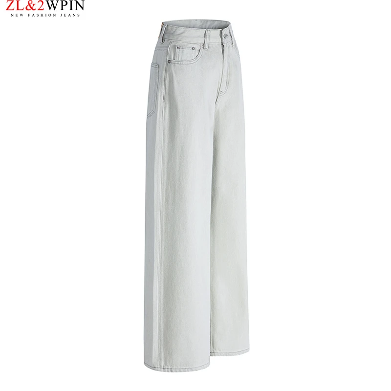 窄版阔腿牛仔裤女高腰宽松垂感米灰色2025早春新款显瘦直筒时尚感