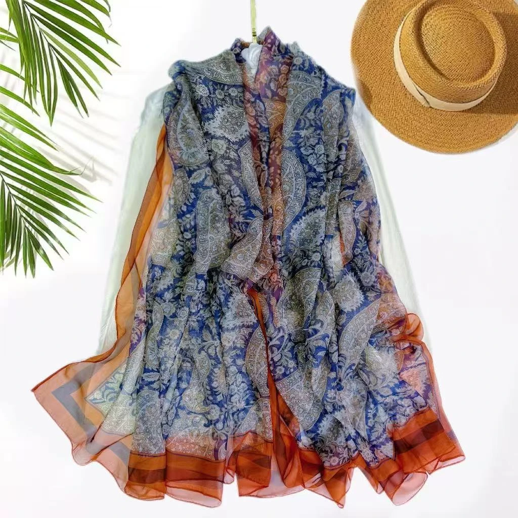 云锦纱190/140尺寸银灰腰果春夏旅游户外防晒纱巾