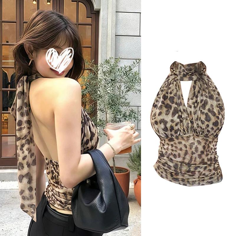 美式辣妹豹纹V领褶皱背心女外穿2025夏镂空挂脖露背上衣