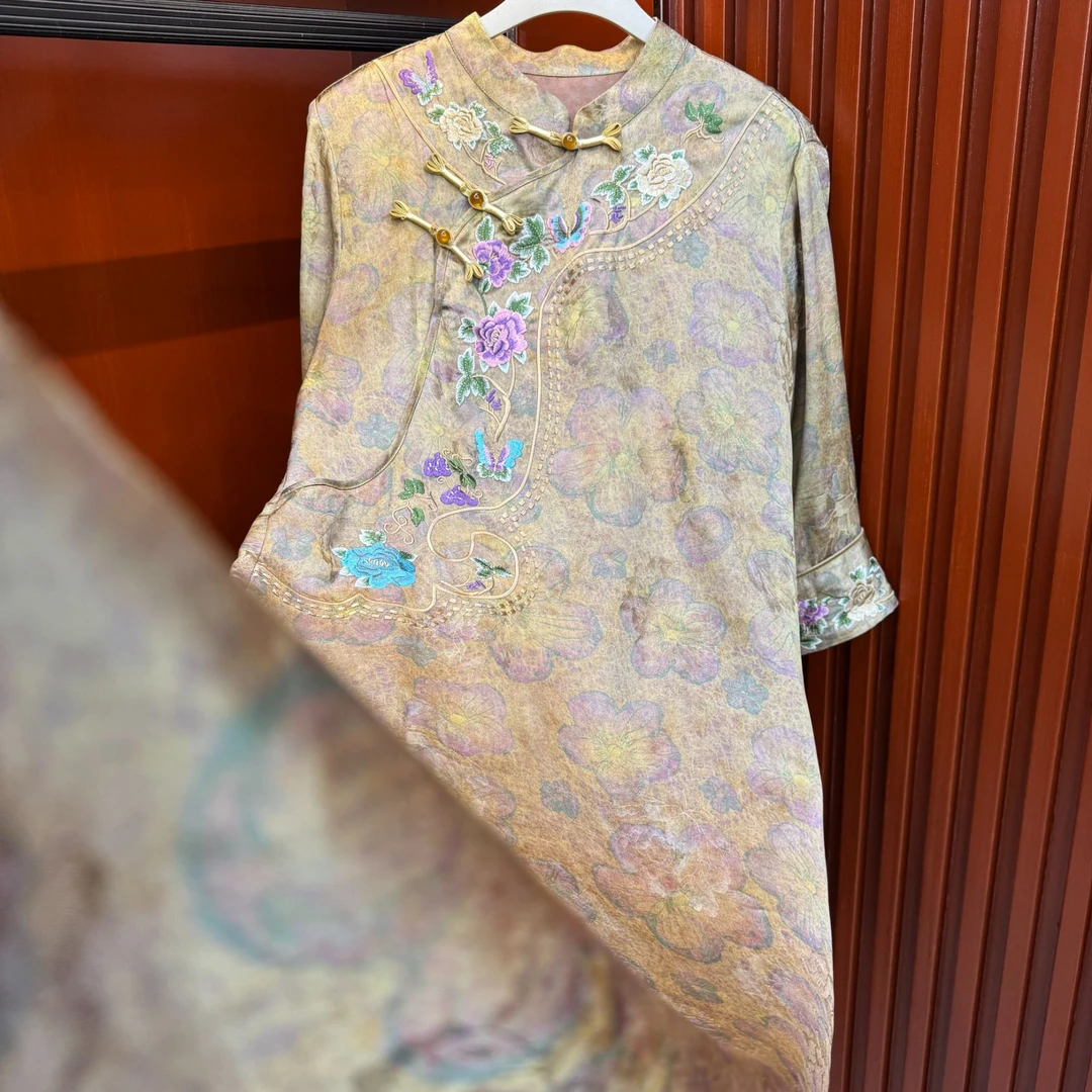 【海潮】2025短袖新中式春季斜襟刺绣连衣裙旗袍夏季唐装提花