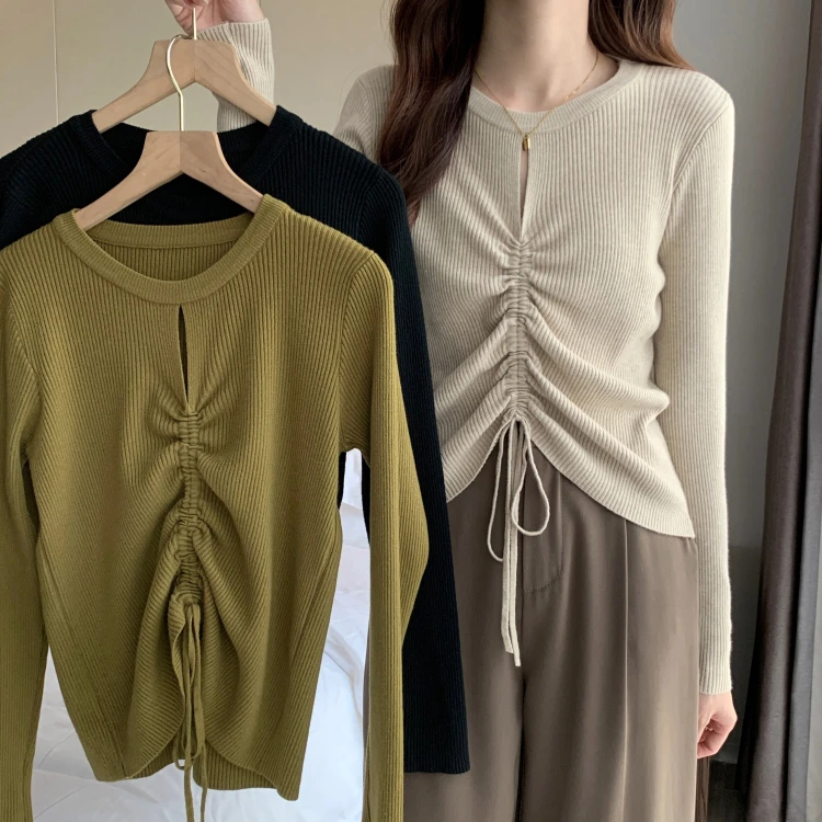 200斤大码女装毛衣针织衫韩版2024秋冬新款抽绳超修身T恤衫