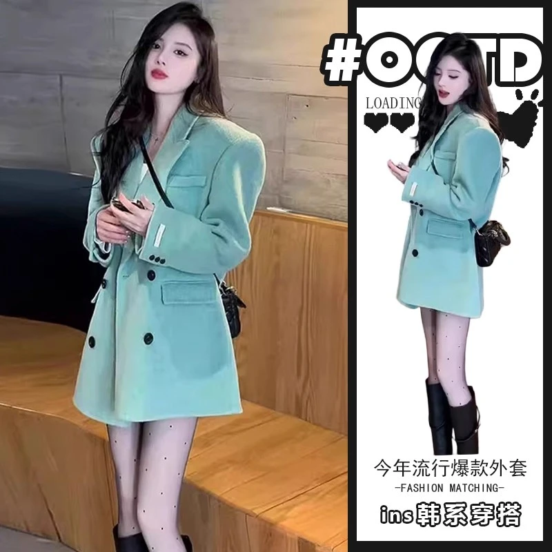 韩系ins风轻奢气质绿色中长款西装毛呢外套秋冬新款多巴胺服装女
