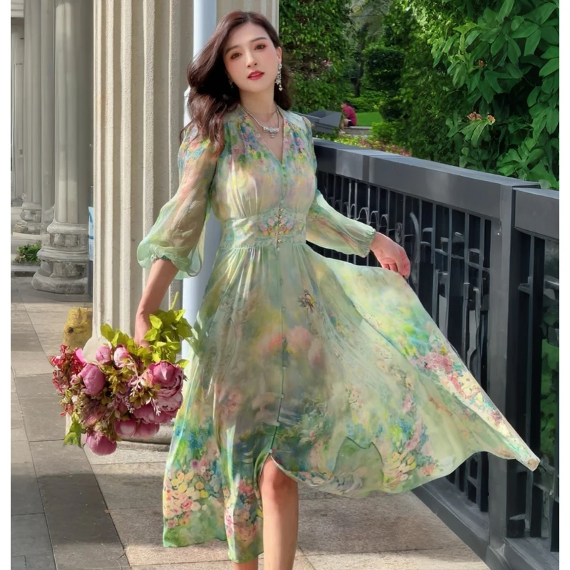 【莫奈油画-瑶瑶】重磅100桑蚕丝连衣裙HFMG24613